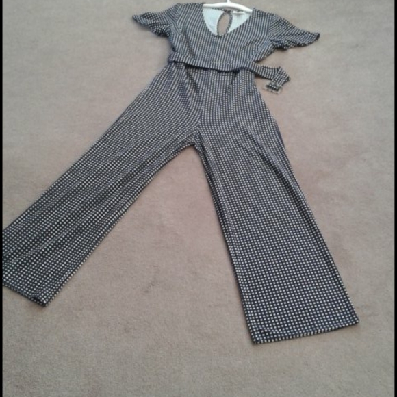 Navy/white belted wide leg jumpsuit - Picture 2 of 5